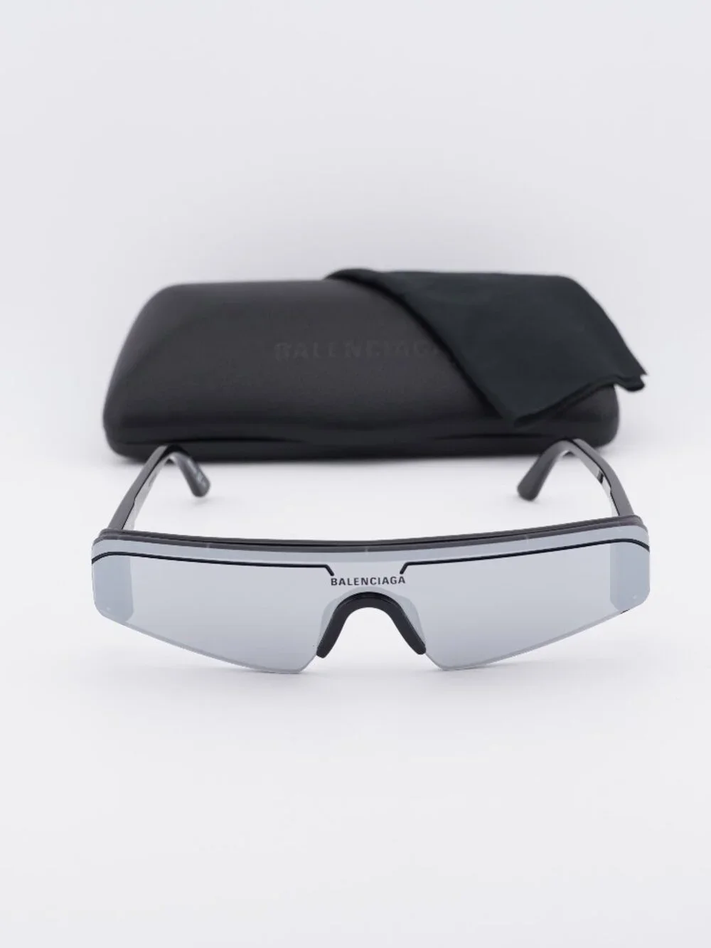 Balenciaga BB0003S 005 Shield Sunglasses - Black / Silver Mirror